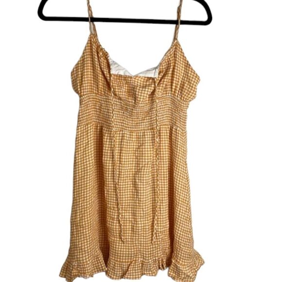 Urban Outfitters Dress Forum Orange White Gingham Smocked Mini Dress - M - Picture 9 of 11